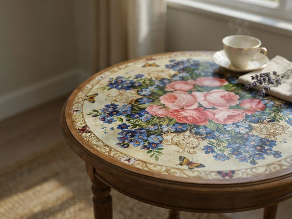 technic decoupage na drewnianym meblu